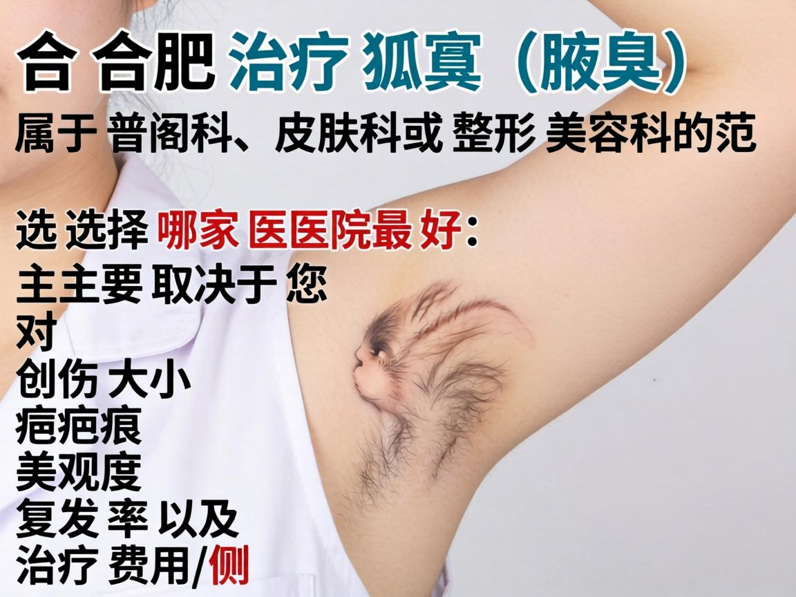 在合肥,治疗狐臭(腋臭)属于普外科、皮肤科或整形美容科的范畴。选择哪家医院最好,主要取决于您对创伤大小、疤痕美观度、复发率以及治疗费用的侧重 在合肥,治疗狐臭(腋臭)属于普外科、皮肤科或整形美容科的范畴。选择哪家医院最好,主要取决于您对创伤大小、疤痕美观度、复发率以及治疗费用的侧重