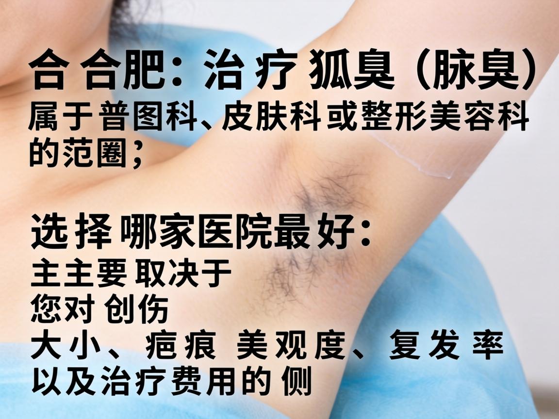 在合肥,治疗狐臭(腋臭)属于普外科、皮肤科或整形美容科的范畴。选择哪家医院最好,主要取决于您对创伤大小、疤痕美观度、复发率以及治疗费用的侧重 在合肥,治疗狐臭(腋臭)属于普外科、皮肤科或整形美容科的范畴。选择哪家医院最好,主要取决于您对创伤大小、疤痕美观度、复发率以及治疗费用的侧重