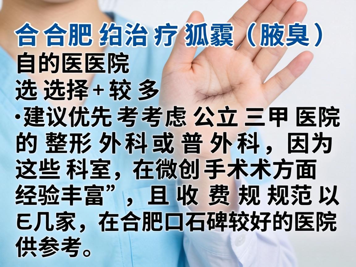 在合肥,治疗狐臭(腋臭)的医院选择较多,建议优先考虑公立三甲医院的整形外科或普外科,因为这些科室在微创手术方面经验丰富,且收费规范。以下是几家在合肥口碑较好的医院供参考 在合肥,治疗狐臭(腋臭)的医院选择较多,建议优先考虑公立三甲医院的整形外科或普外科,因为这些科室在微创手术方面经验丰富,且收费规范。以下是几家在合肥口碑较好的医院供参考