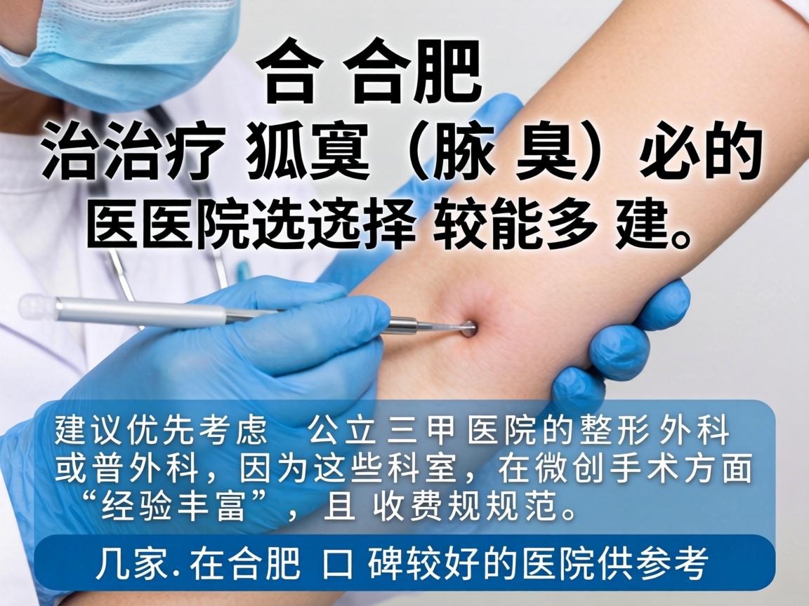 在合肥,治疗狐臭(腋臭)的医院选择较多,建议优先考虑公立三甲医院的整形外科或普外科,因为这些科室在微创手术方面经验丰富,且收费规范。以下是几家在合肥口碑较好的医院供参考 在合肥,治疗狐臭(腋臭)的医院选择较多,建议优先考虑公立三甲医院的整形外科或普外科,因为这些科室在微创手术方面经验丰富,且收费规范。以下是几家在合肥口碑较好的医院供参考