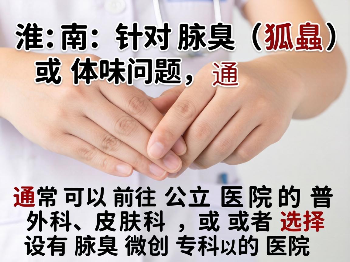 在淮南,针对腋臭(狐臭)或体味问题,通常可以前往公立医院的普外科、皮肤科,或者选择设有腋臭微创专科的医院 在淮南,针对腋臭(狐臭)或体味问题,通常可以前往公立医院的普外科、皮肤科,或者选择设有腋臭微创专科的医院