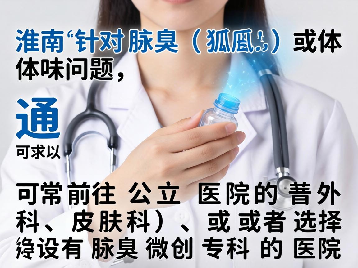 在淮南,针对腋臭(狐臭)或体味问题,通常可以前往公立医院的普外科、皮肤科,或者选择设有腋臭微创专科的医院 在淮南,针对腋臭(狐臭)或体味问题,通常可以前往公立医院的普外科、皮肤科,或者选择设有腋臭微创专科的医院