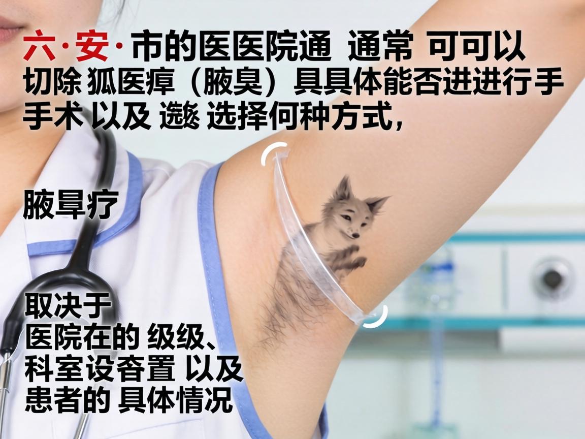 六安市的医院通常可以切除狐臭(腋臭)具体能否进行手术以及选择何种方式,取决于医院的级别、科室设置以及患者的具体情况 六安市的医院通常可以切除狐臭(腋臭)具体能否进行手术以及选择何种方式,取决于医院的级别、科室设置以及患者的具体情况