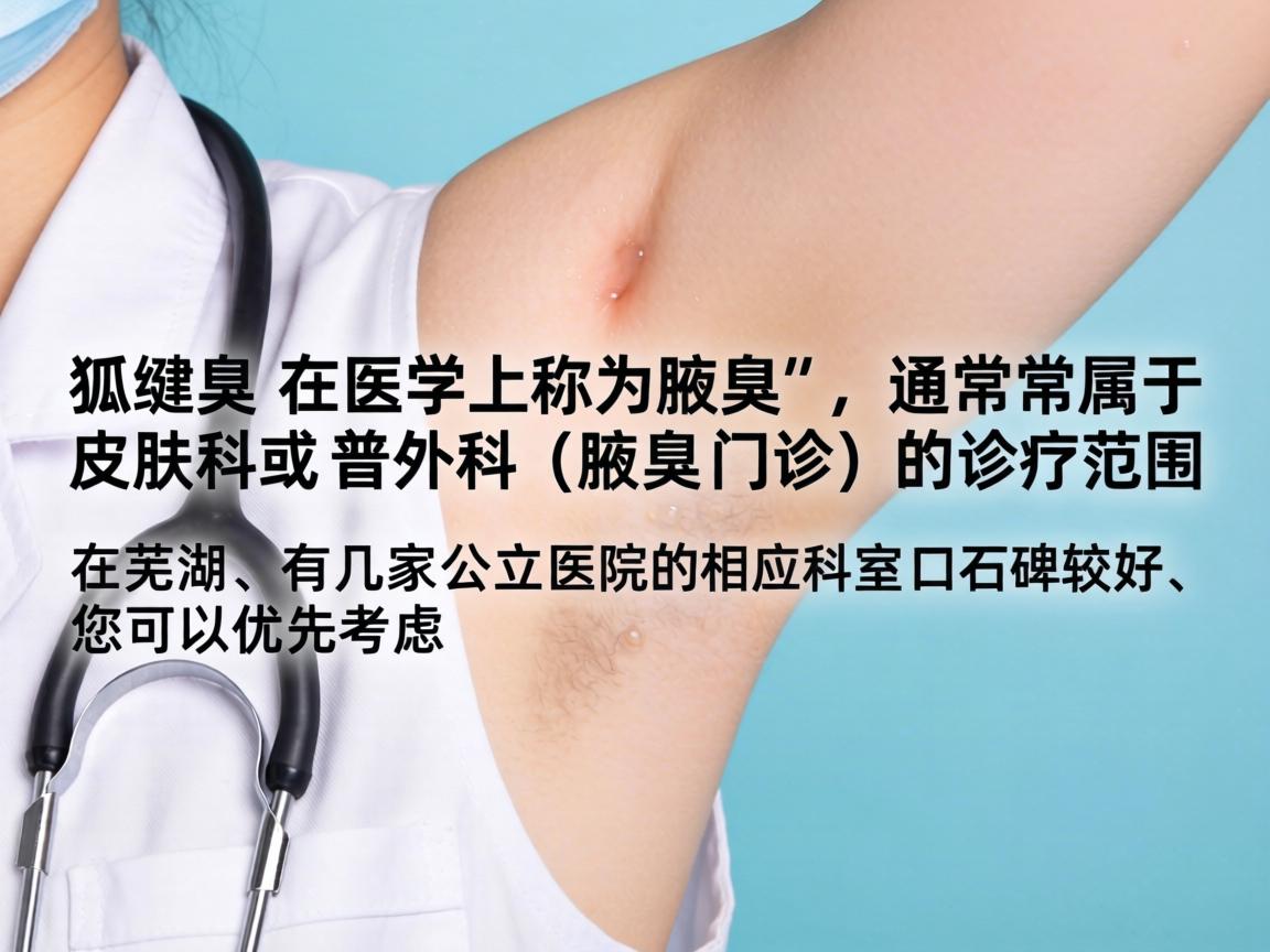 狐臭在医学上称为腋臭,通常属于皮肤科或普外科(腋臭门诊)的诊疗范围。在芜湖,有几家公立医院的相应科室口碑较好,您可以优先考虑 狐臭在医学上称为腋臭,通常属于皮肤科或普外科(腋臭门诊)的诊疗范围。在芜湖,有几家公立医院的相应科室口碑较好,您可以优先考虑