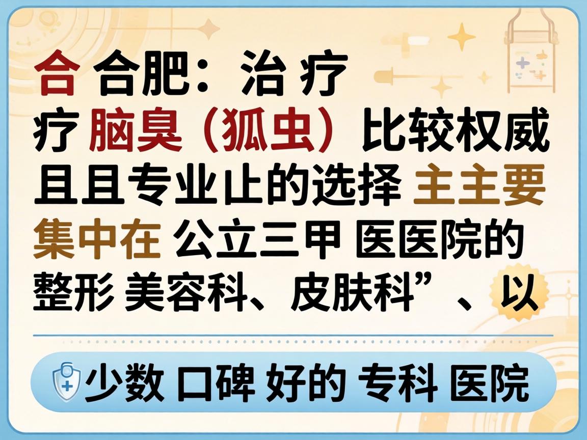 在合肥,治疗腋臭(狐臭)比较权威且专业的选择主要集中在公立三甲医院的整形美容科、皮肤科,以及少数口碑好的专科医院 在合肥,治疗腋臭(狐臭)比较权威且专业的选择主要集中在公立三甲医院的整形美容科、皮肤科,以及少数口碑好的专科医院