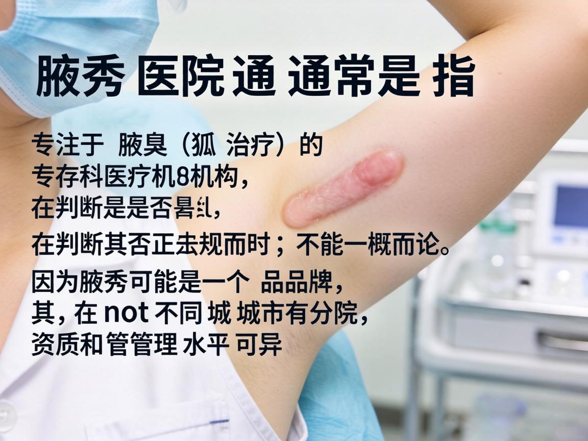 腋秀医院通常是指专注于腋臭(狐臭)治疗的专科医疗机构。在判断其是否正规时,不能一概而论,因为腋秀可能是一个品牌,在不同城市有分院,其资质和管理水平可能存在差异 腋秀医院通常是指专注于腋臭(狐臭)治疗的专科医疗机构。在判断其是否正规时,不能一概而论,因为腋秀可能是一个品牌,在不同城市有分院,其资质和管理水平可能存在差异