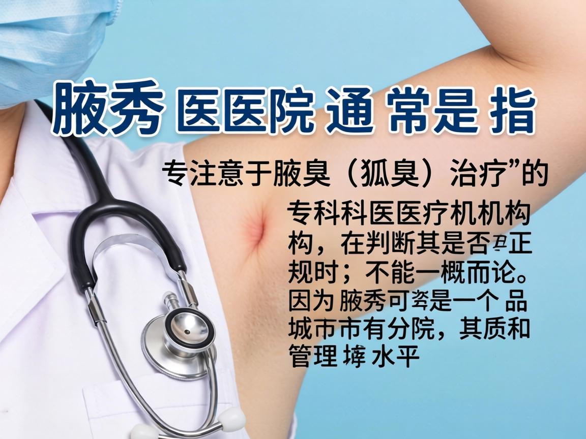 腋秀医院通常是指专注于腋臭(狐臭)治疗的专科医疗机构。在判断其是否正规时,不能一概而论,因为腋秀可能是一个品牌,在不同城市有分院,其资质和管理水平可能存在差异 腋秀医院通常是指专注于腋臭(狐臭)治疗的专科医疗机构。在判断其是否正规时,不能一概而论,因为腋秀可能是一个品牌,在不同城市有分院,其资质和管理水平可能存在差异
