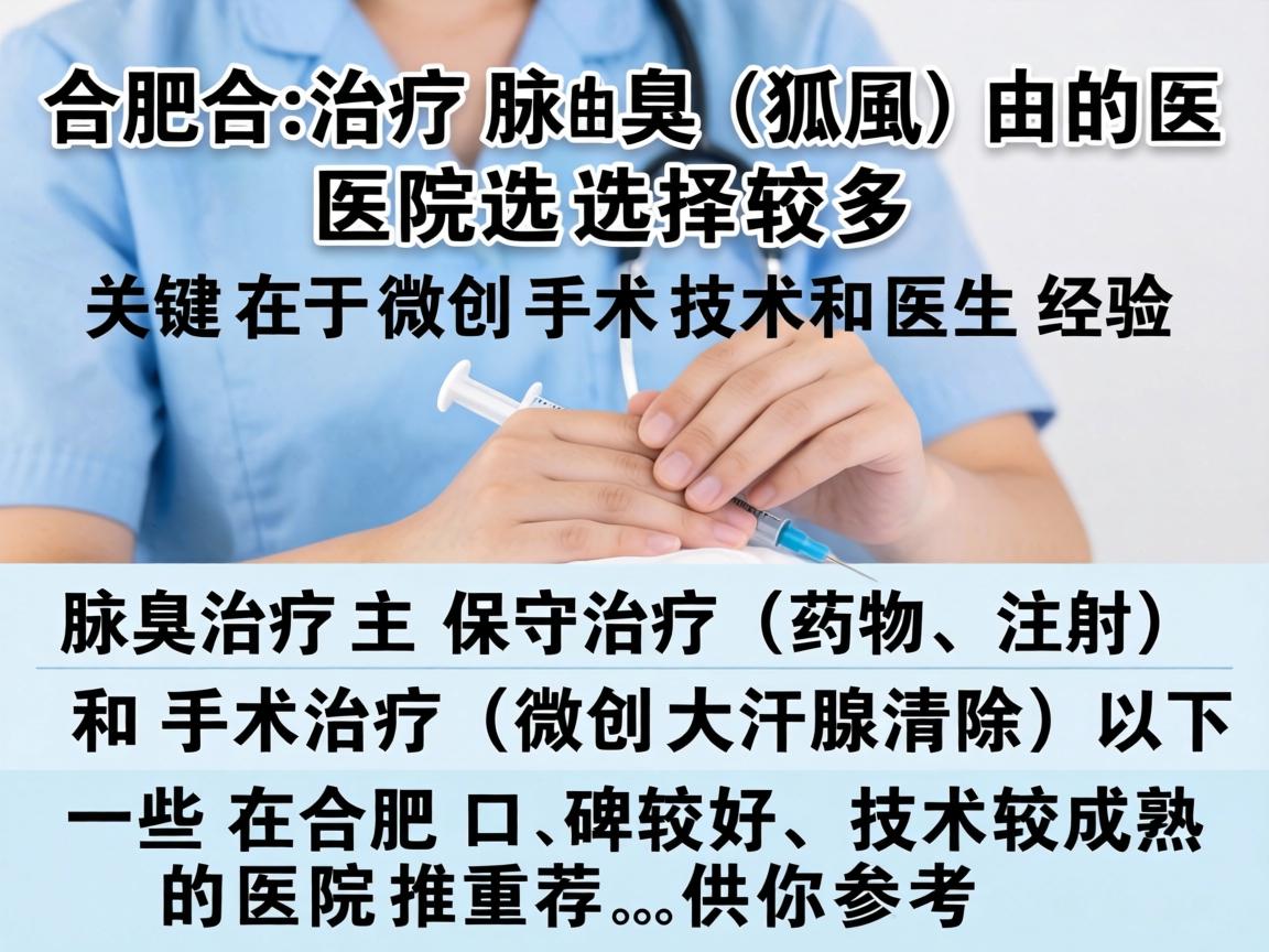 在合肥,治疗腋臭(狐臭)的医院选择较多,关键在于微创手术技术和医生经验。腋臭治疗主要分为保守治疗(药物、注射)和手术治疗(微创大汗腺清除)以下是一些在合肥口碑较好、技术较成熟的医院推荐,供你参考 在合肥,治疗腋臭(狐臭)的医院选择较多,关键在于微创手术技术和医生经验。腋臭治疗主要分为保守治疗(药物、注射)和手术治疗(微创大汗腺清除)以下是一些在合肥口碑较好、技术较成熟的医院推荐,供你参考
