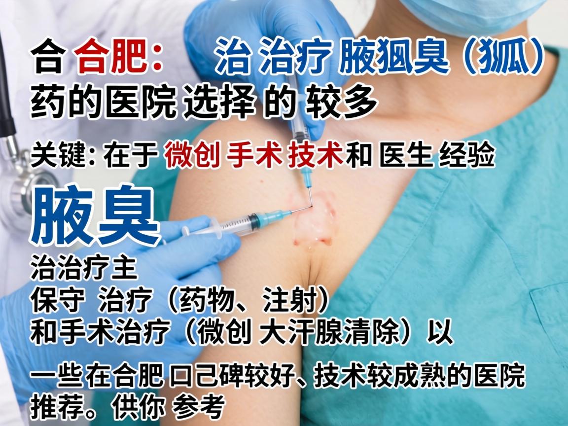 在合肥,治疗腋臭(狐臭)的医院选择较多,关键在于微创手术技术和医生经验。腋臭治疗主要分为保守治疗(药物、注射)和手术治疗(微创大汗腺清除)以下是一些在合肥口碑较好、技术较成熟的医院推荐,供你参考 在合肥,治疗腋臭(狐臭)的医院选择较多,关键在于微创手术技术和医生经验。腋臭治疗主要分为保守治疗(药物、注射)和手术治疗(微创大汗腺清除)以下是一些在合肥口碑较好、技术较成熟的医院推荐,供你参考