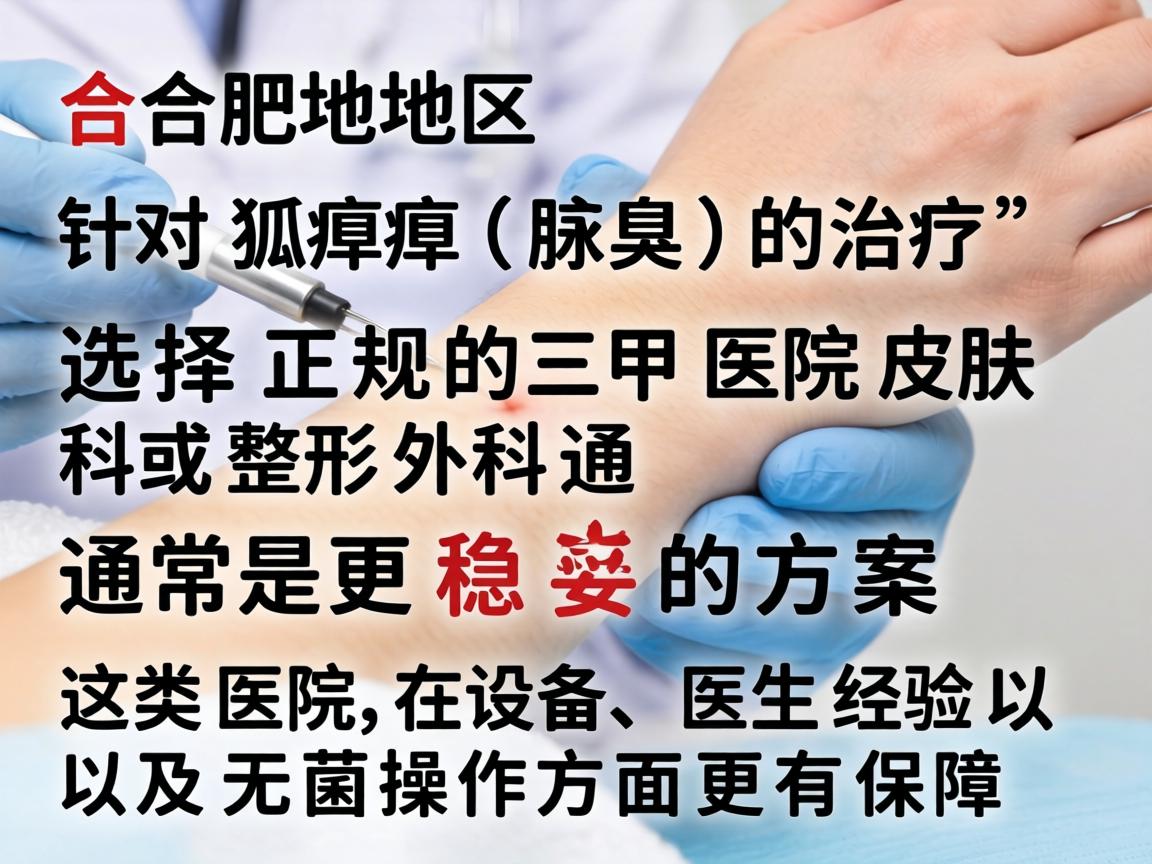 在合肥地区,针对狐臭(腋臭)的治疗,选择正规的三甲医院皮肤科或整形外科通常是更稳妥的方案。这类医院在设备、医生经验以及无菌操作方面更有保障 在合肥地区,针对狐臭(腋臭)的治疗,选择正规的三甲医院皮肤科或整形外科通常是更稳妥的方案。这类医院在设备、医生经验以及无菌操作方面更有保障