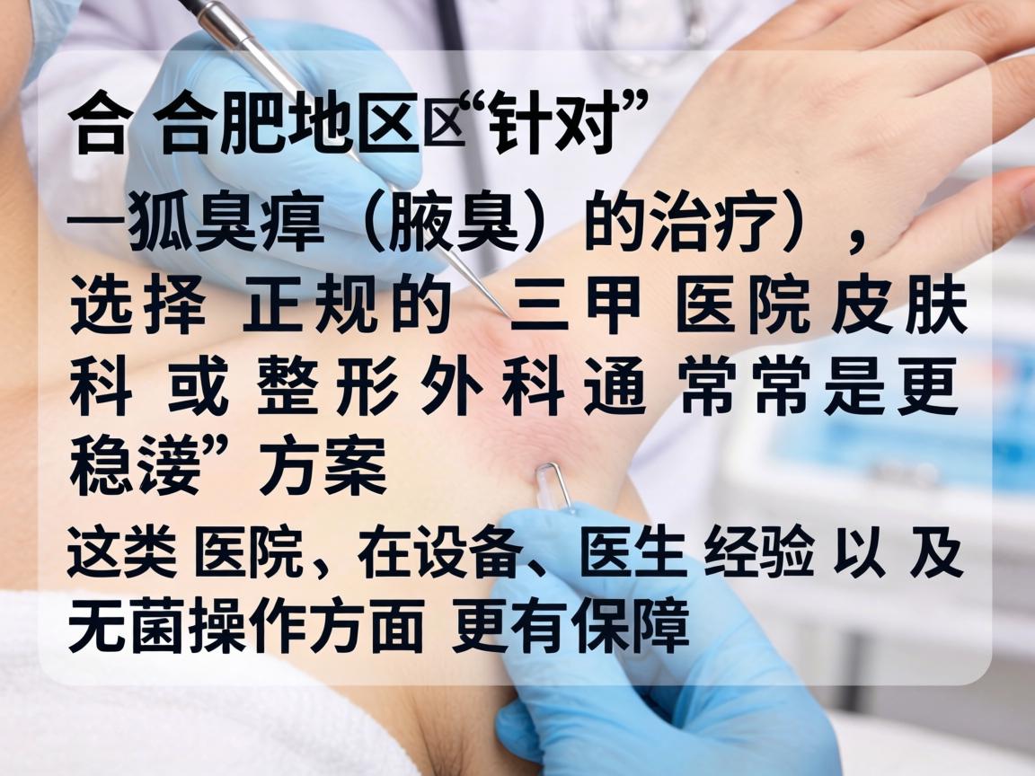 在合肥地区,针对狐臭(腋臭)的治疗,选择正规的三甲医院皮肤科或整形外科通常是更稳妥的方案。这类医院在设备、医生经验以及无菌操作方面更有保障 在合肥地区,针对狐臭(腋臭)的治疗,选择正规的三甲医院皮肤科或整形外科通常是更稳妥的方案。这类医院在设备、医生经验以及无菌操作方面更有保障