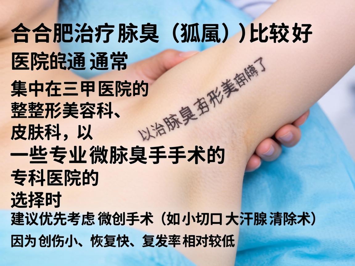 在合肥,治疗腋臭(狐臭)比较好的医院通常集中在三甲医院的整形美容科、皮肤科,以及一些专业做腋臭手术的专科医院。选择时建议优先考虑微创手术(如小切口大汗腺清除术)因为创伤小、恢复快、复发率相对较低 在合肥,治疗腋臭(狐臭)比较好的医院通常集中在三甲医院的整形美容科、皮肤科,以及一些专业做腋臭手术的专科医院。选择时建议优先考虑微创手术(如小切口大汗腺清除术)因为创伤小、恢复快、复发率相对较低