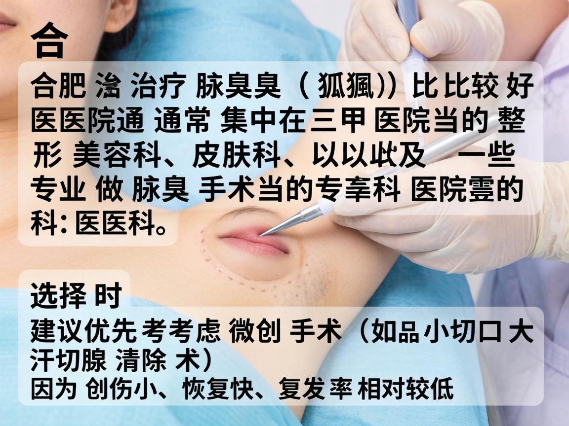 在合肥,治疗腋臭(狐臭)比较好的医院通常集中在三甲医院的整形美容科、皮肤科,以及一些专业做腋臭手术的专科医院。选择时建议优先考虑微创手术(如小切口大汗腺清除术)因为创伤小、恢复快、复发率相对较低 在合肥,治疗腋臭(狐臭)比较好的医院通常集中在三甲医院的整形美容科、皮肤科,以及一些专业做腋臭手术的专科医院。选择时建议优先考虑微创手术(如小切口大汗腺清除术)因为创伤小、恢复快、复发率相对较低