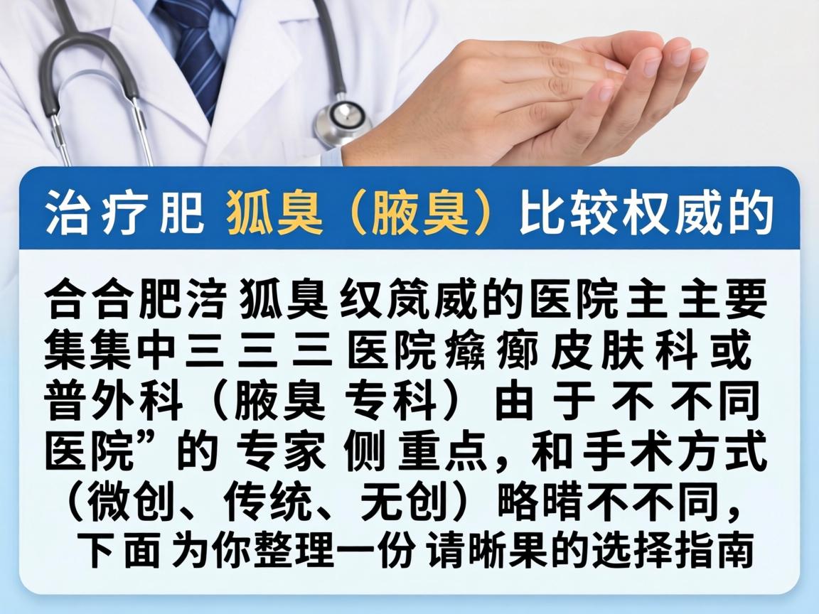 在合肥,治疗狐臭(腋臭)比较权威的医院主要集中在三甲医院的皮肤科或普外科(腋臭专科)由于不同医院的专家侧重点和手术方式(微创、传统、无创)略有不同,下面为你整理一份清晰的选择指南 在合肥,治疗狐臭(腋臭)比较权威的医院主要集中在三甲医院的皮肤科或普外科(腋臭专科)由于不同医院的专家侧重点和手术方式(微创、传统、无创)略有不同,下面为你整理一份清晰的选择指南
