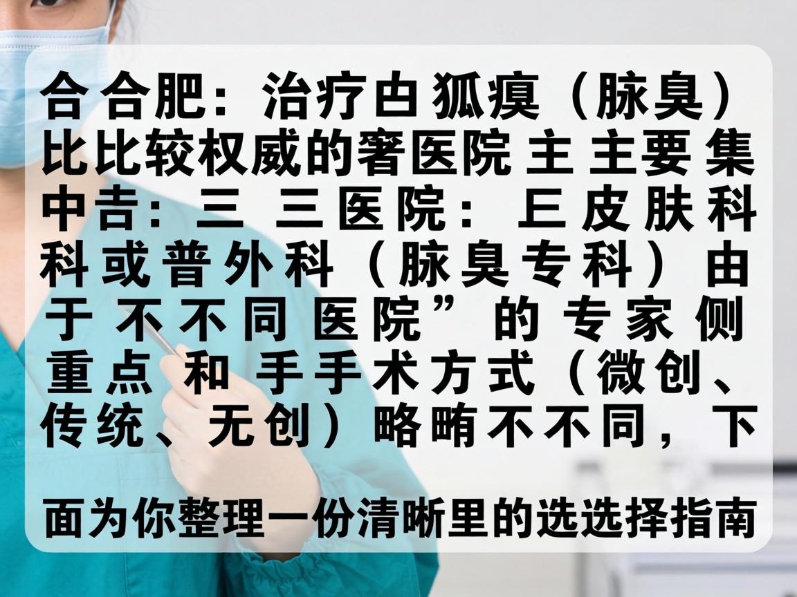 在合肥,治疗狐臭(腋臭)比较权威的医院主要集中在三甲医院的皮肤科或普外科(腋臭专科)由于不同医院的专家侧重点和手术方式(微创、传统、无创)略有不同,下面为你整理一份清晰的选择指南 在合肥,治疗狐臭(腋臭)比较权威的医院主要集中在三甲医院的皮肤科或普外科(腋臭专科)由于不同医院的专家侧重点和手术方式(微创、传统、无创)略有不同,下面为你整理一份清晰的选择指南