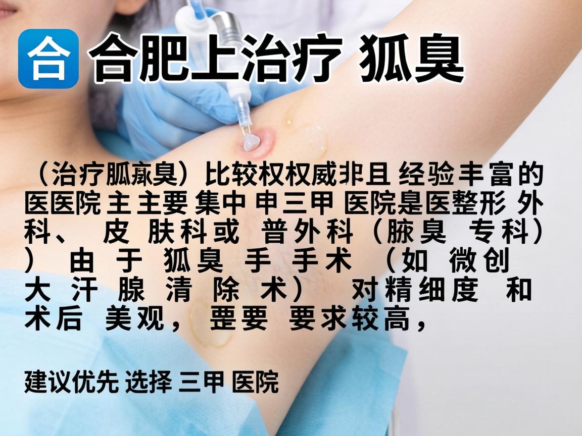 在合肥,治疗狐臭(腋臭)比较权威且经验丰富的医院主要集中在三甲医院的整形外科、皮肤科或普外科(腋臭专科)由于狐臭手术(如微创大汗腺清除术)对精细度和术后美观要求较高,建议优先选择三甲医院 在合肥,治疗狐臭(腋臭)比较权威且经验丰富的医院主要集中在三甲医院的整形外科、皮肤科或普外科(腋臭专科)由于狐臭手术(如微创大汗腺清除术)对精细度和术后美观要求较高,建议优先选择三甲医院