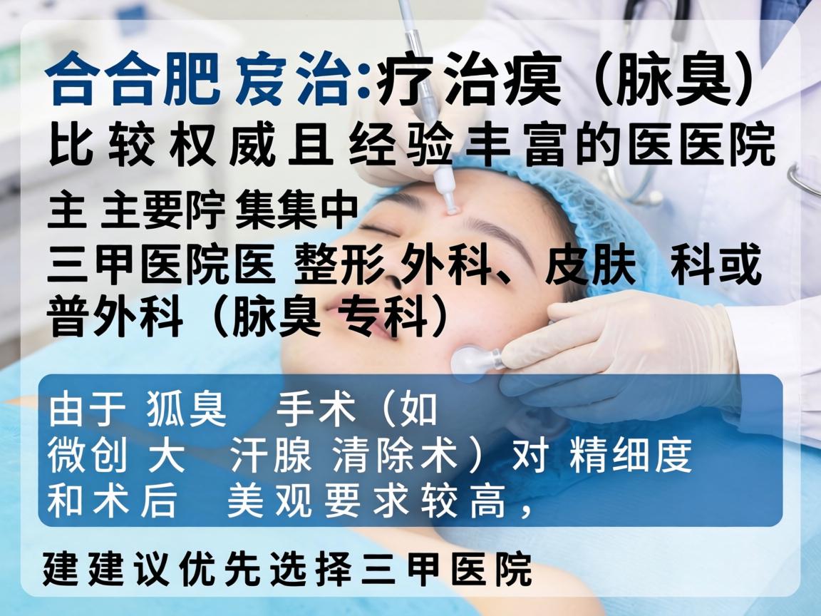 在合肥,治疗狐臭(腋臭)比较权威且经验丰富的医院主要集中在三甲医院的整形外科、皮肤科或普外科(腋臭专科)由于狐臭手术(如微创大汗腺清除术)对精细度和术后美观要求较高,建议优先选择三甲医院 在合肥,治疗狐臭(腋臭)比较权威且经验丰富的医院主要集中在三甲医院的整形外科、皮肤科或普外科(腋臭专科)由于狐臭手术(如微创大汗腺清除术)对精细度和术后美观要求较高,建议优先选择三甲医院