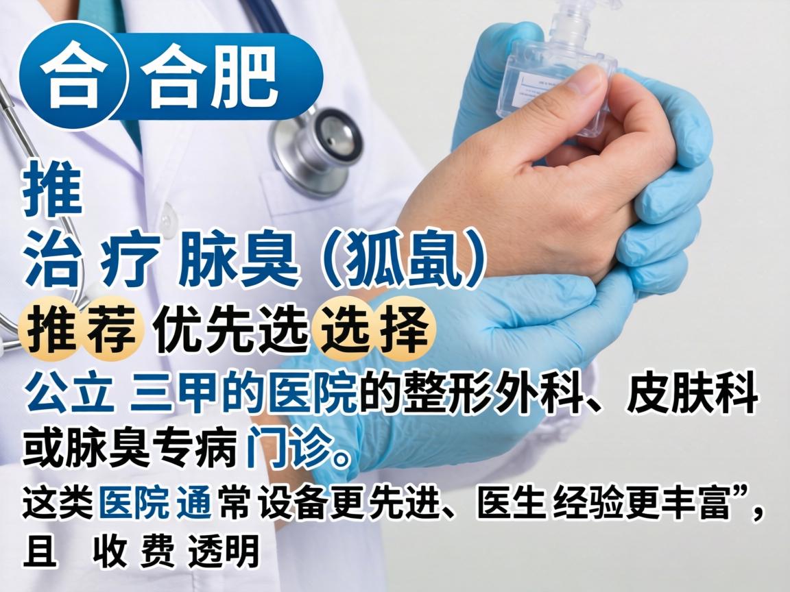 在合肥,治疗腋臭(狐臭)推荐优先选择公立三甲医院的整形外科、皮肤科或腋臭专病门诊。这类医院通常设备更先进、医生经验更丰富,且收费透明 在合肥,治疗腋臭(狐臭)推荐优先选择公立三甲医院的整形外科、皮肤科或腋臭专病门诊。这类医院通常设备更先进、医生经验更丰富,且收费透明