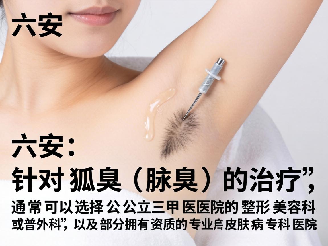 在六安,针对狐臭(腋臭)的治疗,通常可以选择公立三甲医院的整形美容科或普外科,以及部分拥有资质的专业皮肤病专科医院 在六安,针对狐臭(腋臭)的治疗,通常可以选择公立三甲医院的整形美容科或普外科,以及部分拥有资质的专业皮肤病专科医院