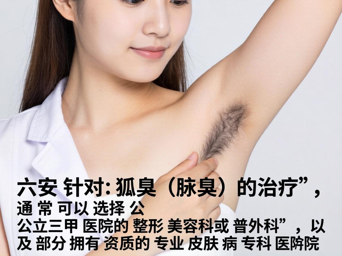 在六安,针对狐臭(腋臭)的治疗,通常可以选择公立三甲医院的整形美容科或普外科,以及部分拥有资质的专业皮肤病专科医院 在六安,针对狐臭(腋臭)的治疗,通常可以选择公立三甲医院的整形美容科或普外科,以及部分拥有资质的专业皮肤病专科医院