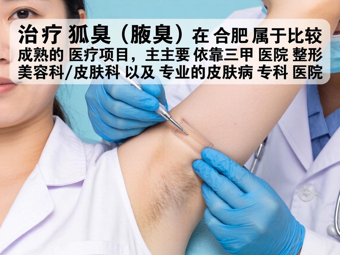 治疗狐臭(腋臭)在合肥属于比较成熟的医疗项目,主要依靠三甲医院整形美容科/皮肤科以及专业的皮肤病专科医院 治疗狐臭(腋臭)在合肥属于比较成熟的医疗项目,主要依靠三甲医院整形美容科/皮肤科以及专业的皮肤病专科医院