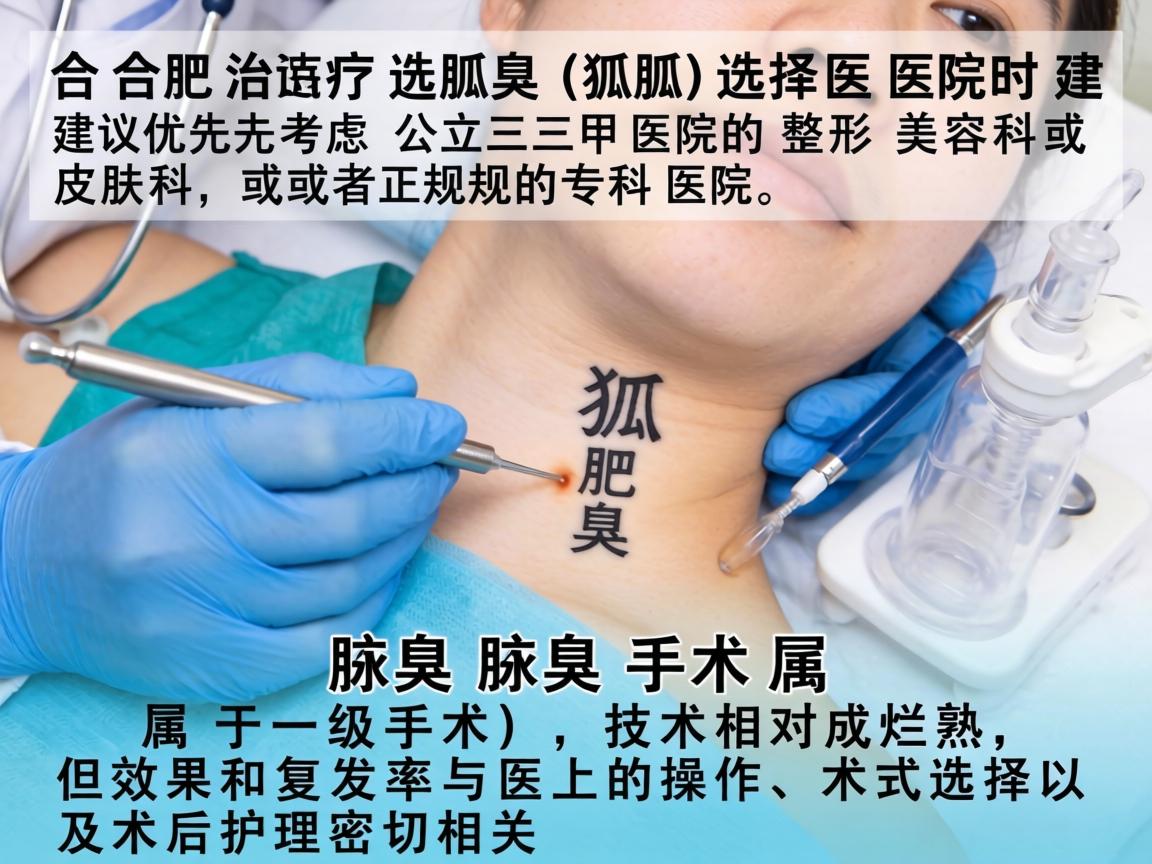 在合肥治疗腋臭(狐臭)选择医院时建议优先考虑公立三甲医院的整形美容科或皮肤科,或者正规的专科医院。腋臭手术属于一级手术,技术相对成熟,但效果和复发率与医生的操作、术式选择以及术后护理密切相关 在合肥治疗腋臭(狐臭)选择医院时建议优先考虑公立三甲医院的整形美容科或皮肤科,或者正规的专科医院。腋臭手术属于一级手术,技术相对成熟,但效果和复发率与医生的操作、术式选择以及术后护理密切相关