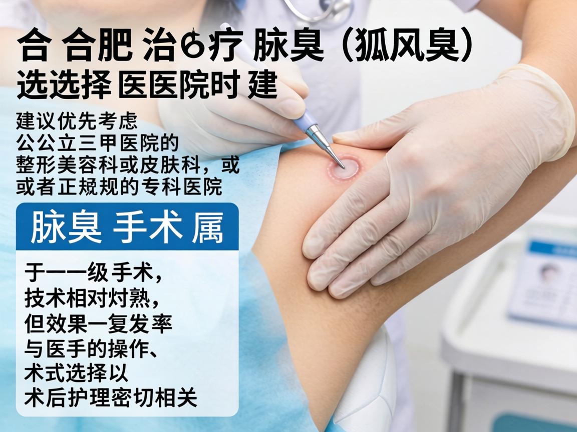 在合肥治疗腋臭(狐臭)选择医院时建议优先考虑公立三甲医院的整形美容科或皮肤科,或者正规的专科医院。腋臭手术属于一级手术,技术相对成熟,但效果和复发率与医生的操作、术式选择以及术后护理密切相关 在合肥治疗腋臭(狐臭)选择医院时建议优先考虑公立三甲医院的整形美容科或皮肤科,或者正规的专科医院。腋臭手术属于一级手术,技术相对成熟,但效果和复发率与医生的操作、术式选择以及术后护理密切相关