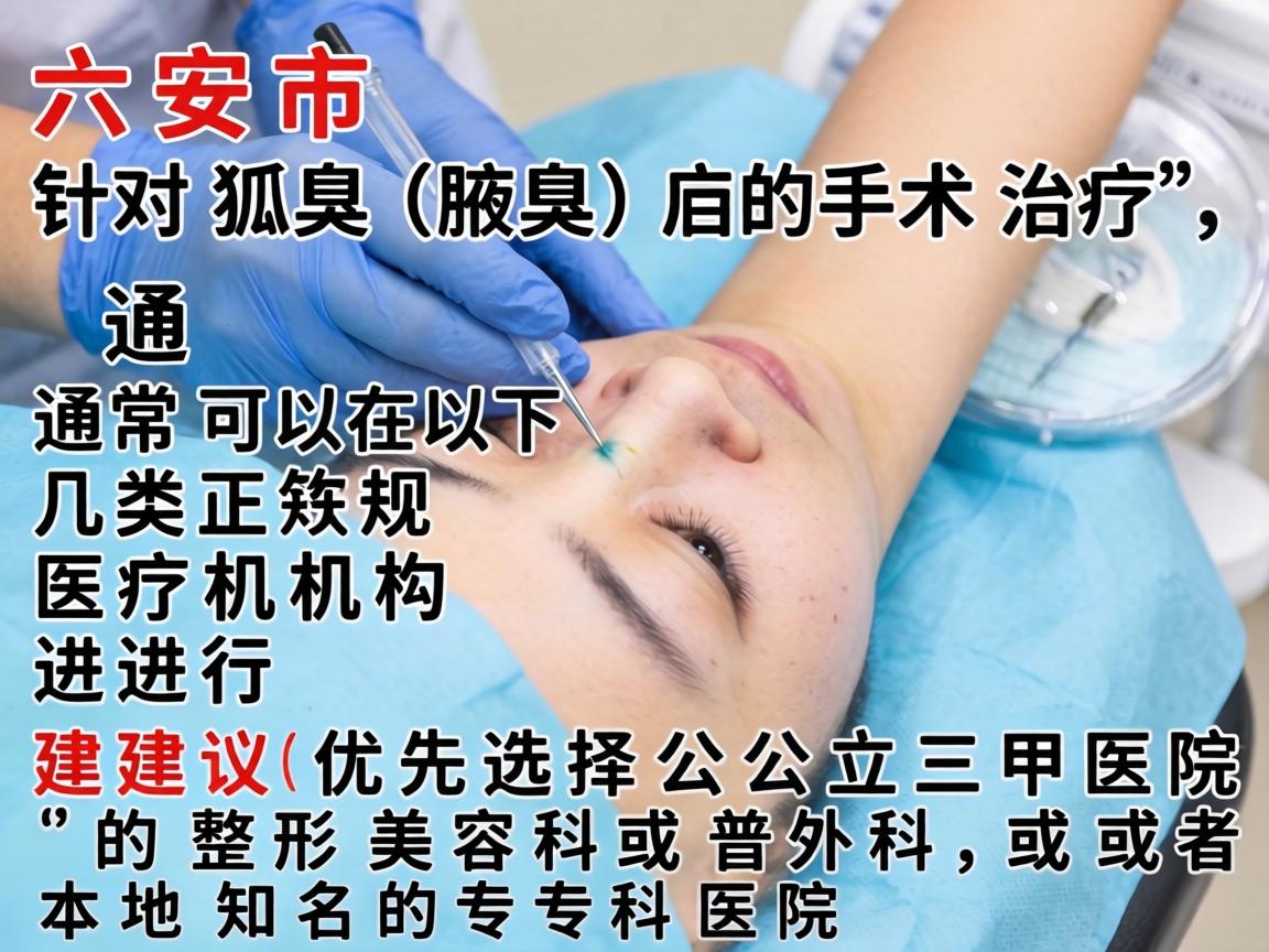 在六安市,针对狐臭(腋臭)的手术治疗,通常可以在以下几类正规医疗机构进行。建议优先选择公立三甲医院的整形美容科或普外科,或者本地知名的专科医院 在六安市,针对狐臭(腋臭)的手术治疗,通常可以在以下几类正规医疗机构进行。建议优先选择公立三甲医院的整形美容科或普外科,或者本地知名的专科医院
