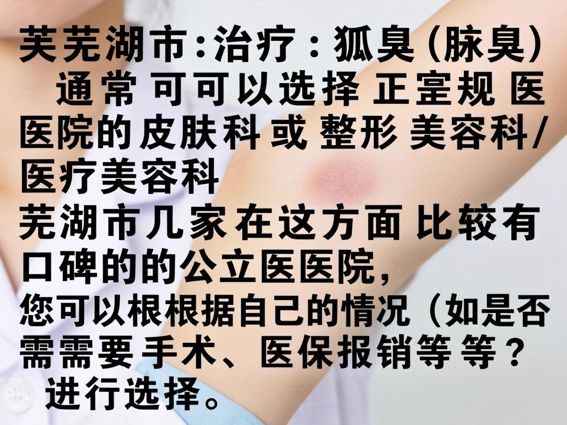 在芜湖市,治疗狐臭(腋臭)通常可以选择正规医院的皮肤科或整形美容科/医疗美容科。以下是芜湖市几家在这方面比较有口碑的公立医院,您可以根据自己的情况(如是否需要手术、医保报销等)进行选择 在芜湖市,治疗狐臭(腋臭)通常可以选择正规医院的皮肤科或整形美容科/医疗美容科。以下是芜湖市几家在这方面比较有口碑的公立医院,您可以根据自己的情况(如是否需要手术、医保报销等)进行选择
