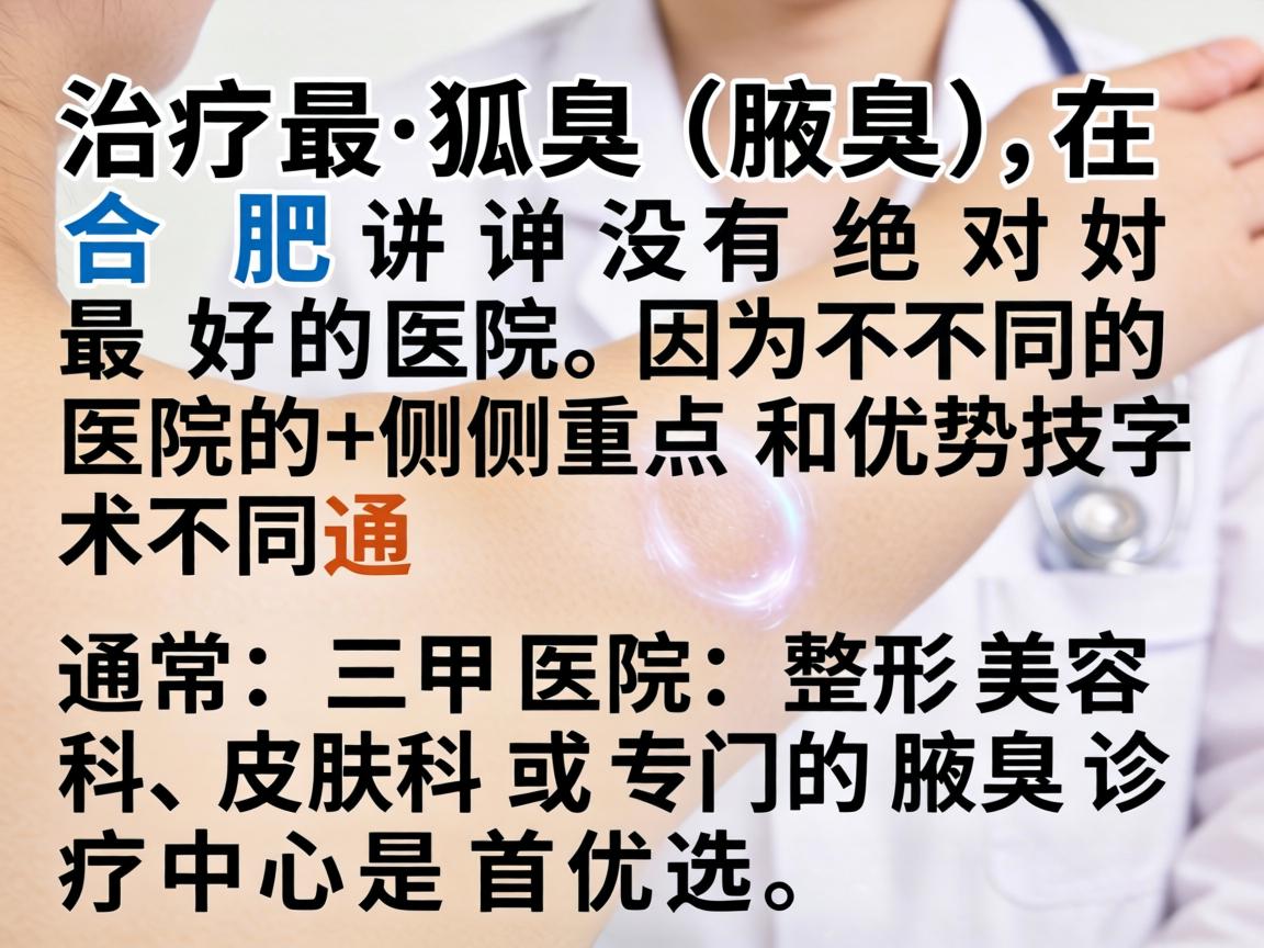 治疗狐臭(腋臭)在合肥并没有绝对最好的医院,因为不同医院的侧重点和优势技术不同。通常,三甲医院的整形美容科、皮肤科或专门的腋臭诊疗中心是首选 治疗狐臭(腋臭)在合肥并没有绝对最好的医院,因为不同医院的侧重点和优势技术不同。通常,三甲医院的整形美容科、皮肤科或专门的腋臭诊疗中心是首选