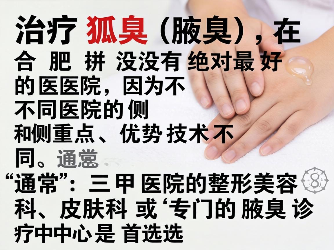 治疗狐臭(腋臭)在合肥并没有绝对最好的医院,因为不同医院的侧重点和优势技术不同。通常,三甲医院的整形美容科、皮肤科或专门的腋臭诊疗中心是首选 治疗狐臭(腋臭)在合肥并没有绝对最好的医院,因为不同医院的侧重点和优势技术不同。通常,三甲医院的整形美容科、皮肤科或专门的腋臭诊疗中心是首选