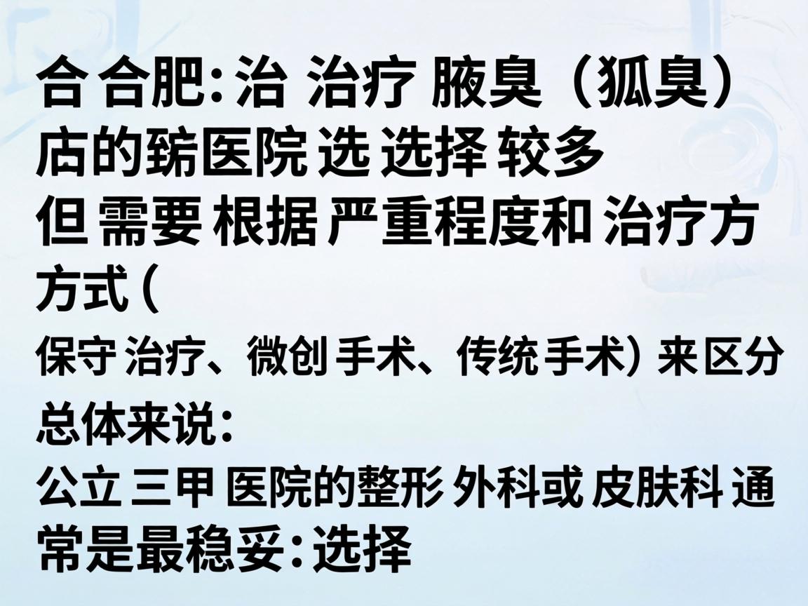 在合肥,治疗腋臭(狐臭)的医院选择较多,但需要根据严重程度和治疗方式(保守治疗、微创手术、传统手术)来区分。总体来说,公立三甲医院的整形外科或皮肤科通常是最稳妥的选择 在合肥,治疗腋臭(狐臭)的医院选择较多,但需要根据严重程度和治疗方式(保守治疗、微创手术、传统手术)来区分。总体来说,公立三甲医院的整形外科或皮肤科通常是最稳妥的选择