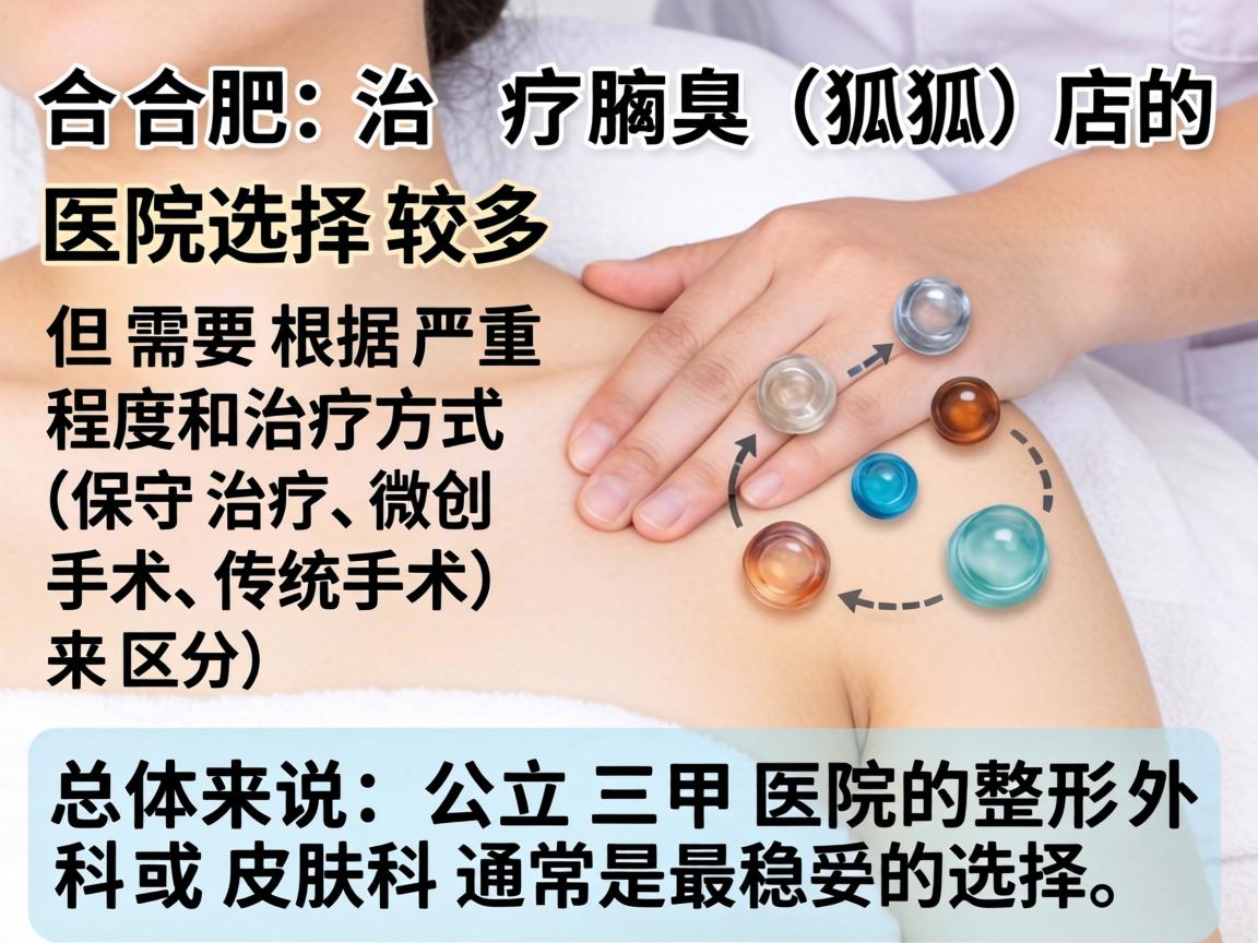 在合肥,治疗腋臭(狐臭)的医院选择较多,但需要根据严重程度和治疗方式(保守治疗、微创手术、传统手术)来区分。总体来说,公立三甲医院的整形外科或皮肤科通常是最稳妥的选择 在合肥,治疗腋臭(狐臭)的医院选择较多,但需要根据严重程度和治疗方式(保守治疗、微创手术、传统手术)来区分。总体来说,公立三甲医院的整形外科或皮肤科通常是最稳妥的选择
