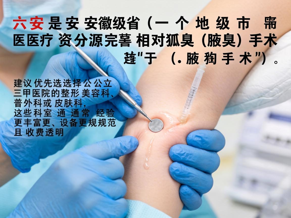 六安是安徽省的一个地级市,医疗资源相对完善。对于狐臭(腋臭)手术,建议优先选择公立三甲医院的整形美容科、普外科或皮肤科,这些科室通常经验更丰富、设备更规范且收费透明 六安是安徽省的一个地级市,医疗资源相对完善。对于狐臭(腋臭)手术,建议优先选择公立三甲医院的整形美容科、普外科或皮肤科,这些科室通常经验更丰富、设备更规范且收费透明