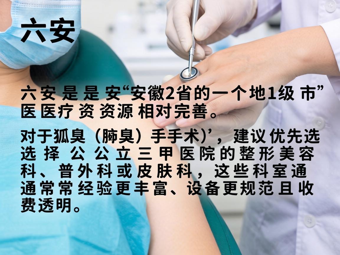 六安是安徽省的一个地级市,医疗资源相对完善。对于狐臭(腋臭)手术,建议优先选择公立三甲医院的整形美容科、普外科或皮肤科,这些科室通常经验更丰富、设备更规范且收费透明 六安是安徽省的一个地级市,医疗资源相对完善。对于狐臭(腋臭)手术,建议优先选择公立三甲医院的整形美容科、普外科或皮肤科,这些科室通常经验更丰富、设备更规范且收费透明