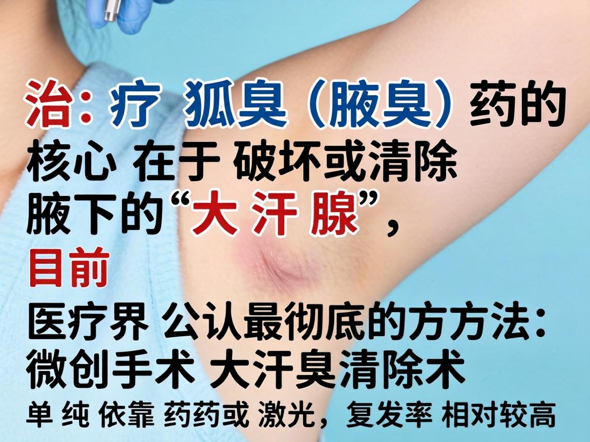 治疗狐臭(腋臭)的核心在于破坏或清除腋下的大汗腺,目前医疗界公认最彻底的方法是微创手术或大汗腺清除术。单纯依靠药物或激光,复发率相对较高 治疗狐臭(腋臭)的核心在于破坏或清除腋下的大汗腺,目前医疗界公认最彻底的方法是微创手术或大汗腺清除术。单纯依靠药物或激光,复发率相对较高