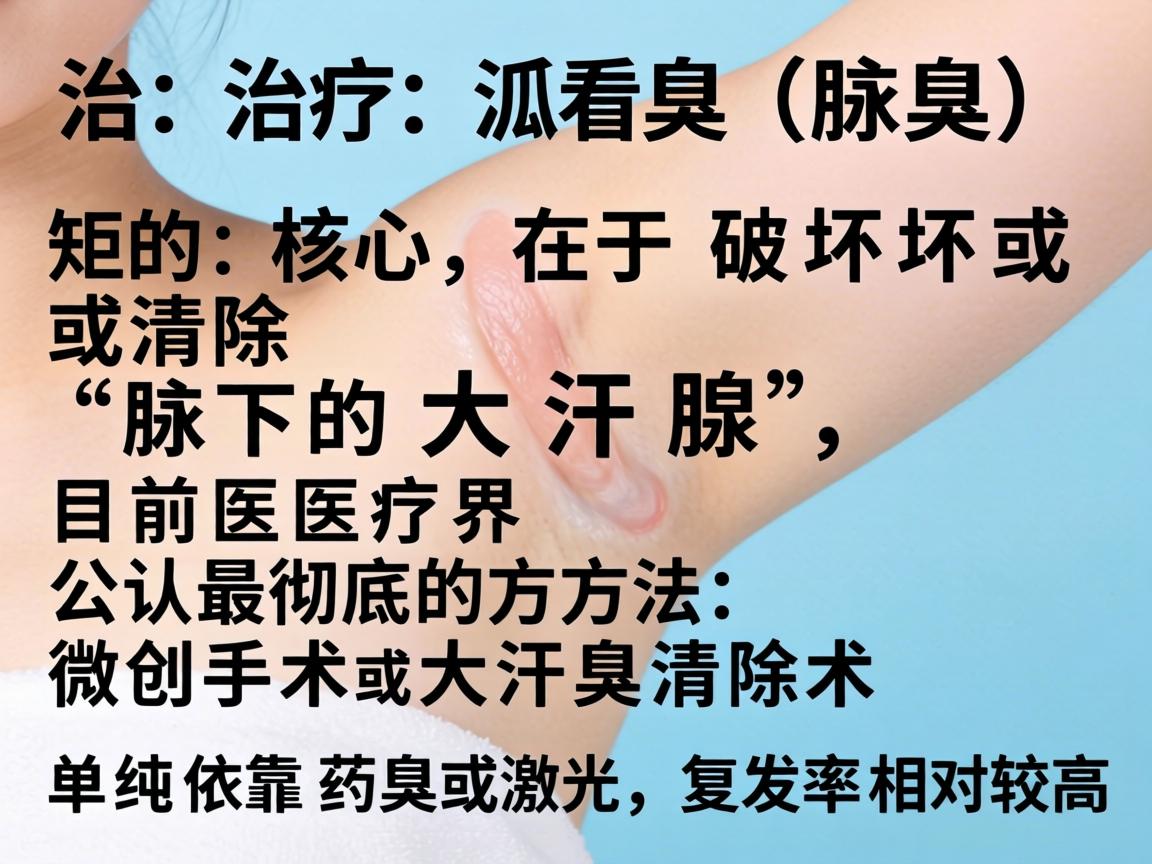 治疗狐臭(腋臭)的核心在于破坏或清除腋下的大汗腺,目前医疗界公认最彻底的方法是微创手术或大汗腺清除术。单纯依靠药物或激光,复发率相对较高 治疗狐臭(腋臭)的核心在于破坏或清除腋下的大汗腺,目前医疗界公认最彻底的方法是微创手术或大汗腺清除术。单纯依靠药物或激光,复发率相对较高