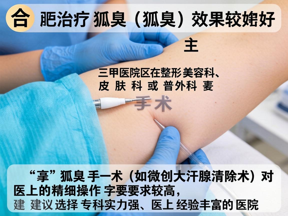 在合肥,治疗狐臭(腋臭)效果较好的医院主要集中在三甲医院的整形美容科、皮肤科或普外科。狐臭手术(如微创大汗腺清除术)对医生的精细操作要求较高,建议选择专科实力强、医生经验丰富的医院 在合肥,治疗狐臭(腋臭)效果较好的医院主要集中在三甲医院的整形美容科、皮肤科或普外科。狐臭手术(如微创大汗腺清除术)对医生的精细操作要求较高,建议选择专科实力强、医生经验丰富的医院