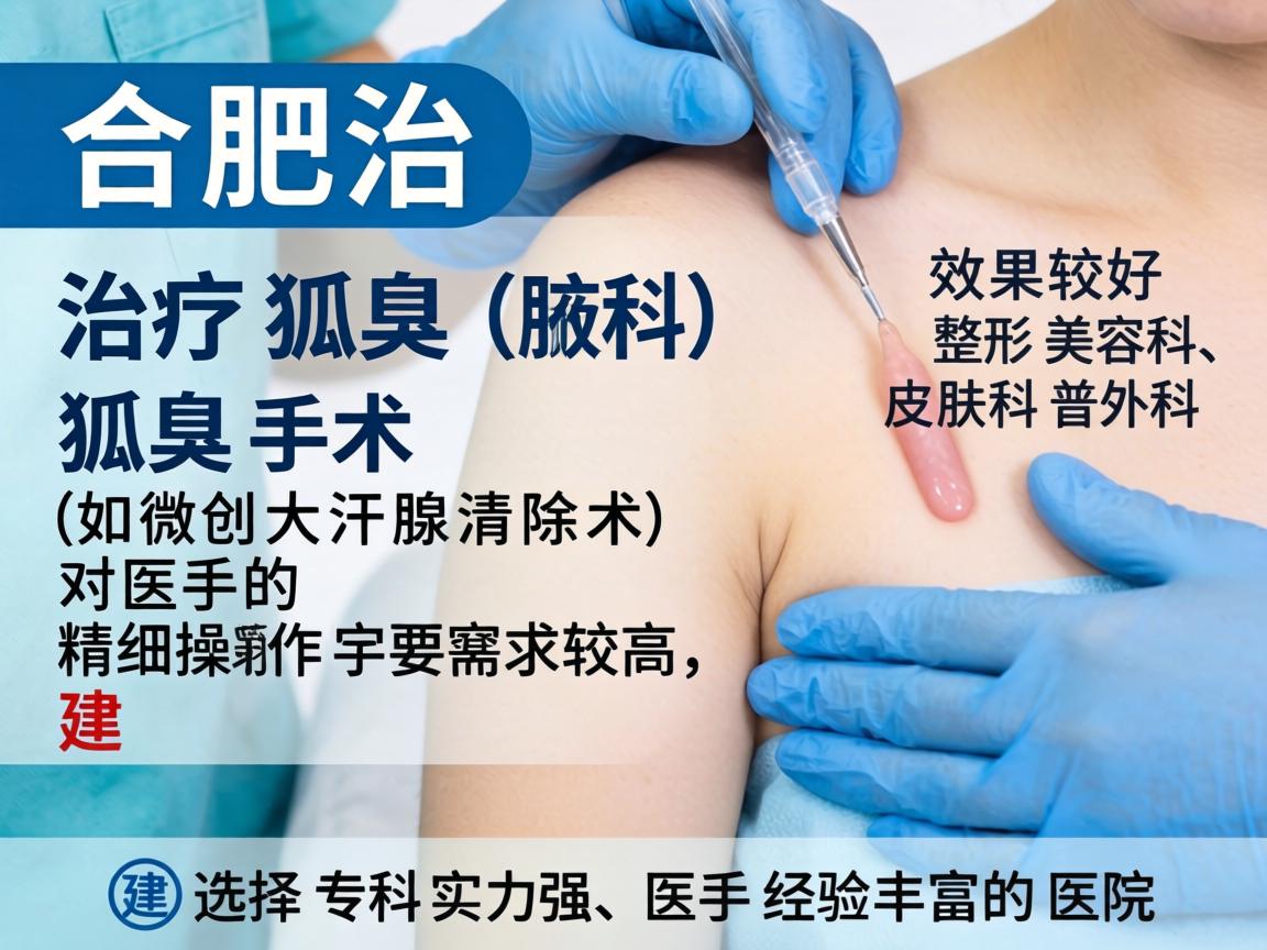 在合肥,治疗狐臭(腋臭)效果较好的医院主要集中在三甲医院的整形美容科、皮肤科或普外科。狐臭手术(如微创大汗腺清除术)对医生的精细操作要求较高,建议选择专科实力强、医生经验丰富的医院 在合肥,治疗狐臭(腋臭)效果较好的医院主要集中在三甲医院的整形美容科、皮肤科或普外科。狐臭手术(如微创大汗腺清除术)对医生的精细操作要求较高,建议选择专科实力强、医生经验丰富的医院