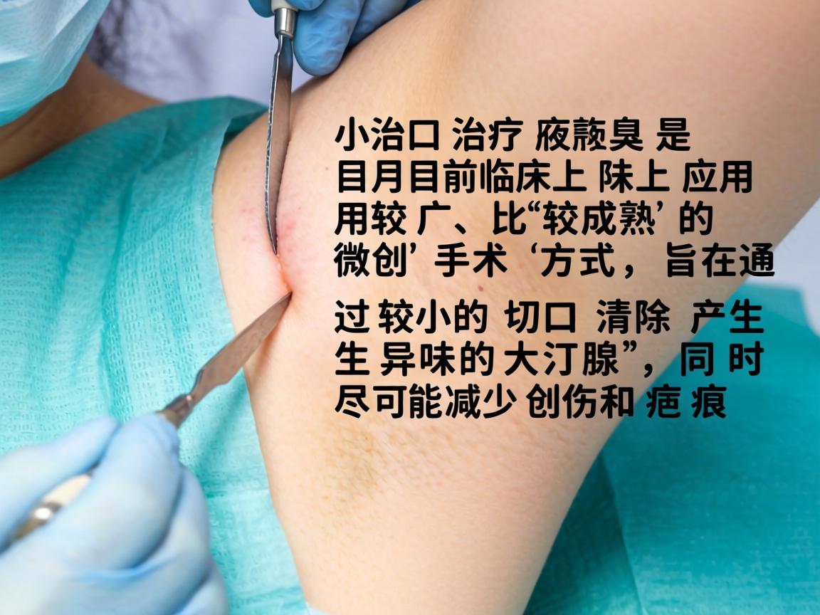 小切口治疗腋臭是目前临床上应用较广、比较成熟的微创手术方式,旨在通过较小的切口清除产生异味的大汗腺,同时尽可能减少创伤和疤痕 小切口治疗腋臭是目前临床上应用较广、比较成熟的微创手术方式,旨在通过较小的切口清除产生异味的大汗腺,同时尽可能减少创伤和疤痕