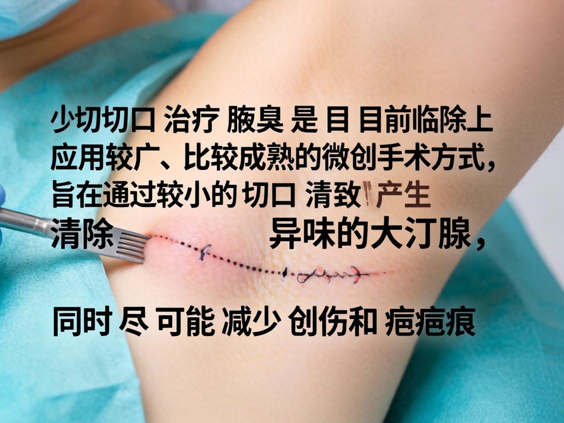 小切口治疗腋臭是目前临床上应用较广、比较成熟的微创手术方式,旨在通过较小的切口清除产生异味的大汗腺,同时尽可能减少创伤和疤痕 小切口治疗腋臭是目前临床上应用较广、比较成熟的微创手术方式,旨在通过较小的切口清除产生异味的大汗腺,同时尽可能减少创伤和疤痕