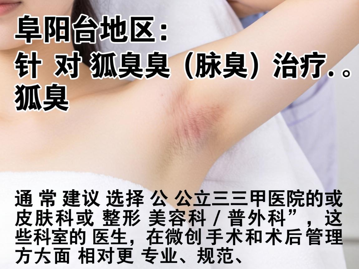 在阜阳地区,针对狐臭(腋臭)的治疗,通常建议选择公立三甲医院的皮肤科或整形美容科/普外科,这些科室的医生在微创手术和术后管理方面相对更专业、规范 在阜阳地区,针对狐臭(腋臭)的治疗,通常建议选择公立三甲医院的皮肤科或整形美容科/普外科,这些科室的医生在微创手术和术后管理方面相对更专业、规范