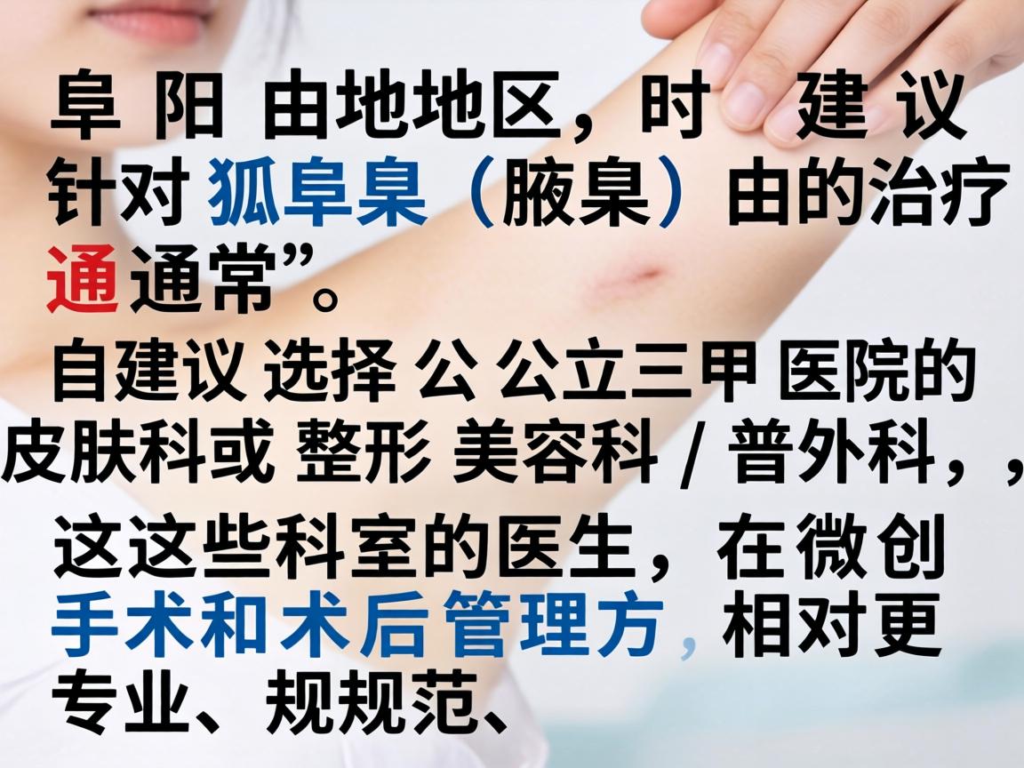 在阜阳地区,针对狐臭(腋臭)的治疗,通常建议选择公立三甲医院的皮肤科或整形美容科/普外科,这些科室的医生在微创手术和术后管理方面相对更专业、规范 在阜阳地区,针对狐臭(腋臭)的治疗,通常建议选择公立三甲医院的皮肤科或整形美容科/普外科,这些科室的医生在微创手术和术后管理方面相对更专业、规范
