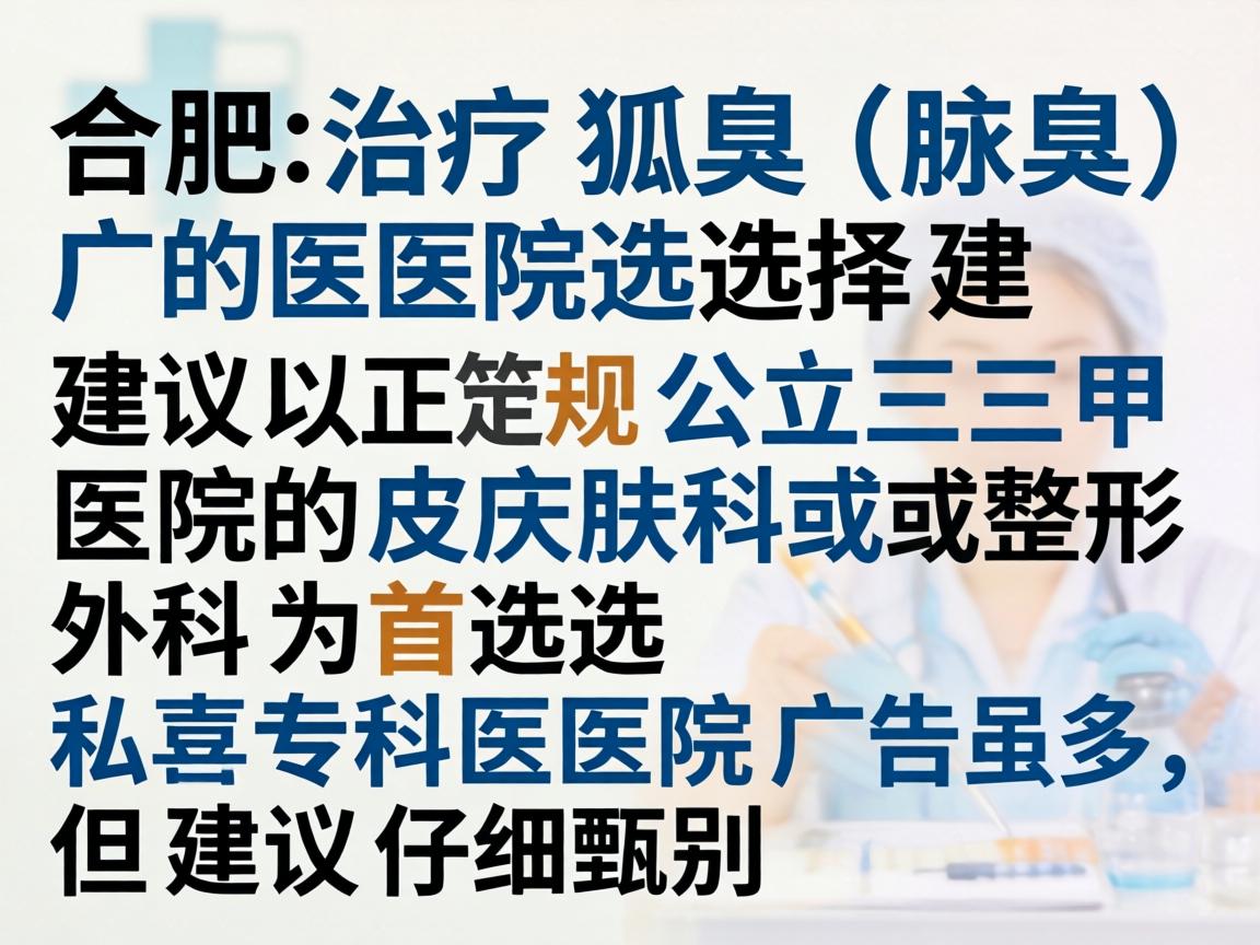 合肥治疗狐臭(腋臭)的医院选择,建议以正规公立三甲医院的皮肤科或整形外科为首选。私立专科医院广告虽多,但建议仔细甄别 合肥治疗狐臭(腋臭)的医院选择,建议以正规公立三甲医院的皮肤科或整形外科为首选。私立专科医院广告虽多,但建议仔细甄别