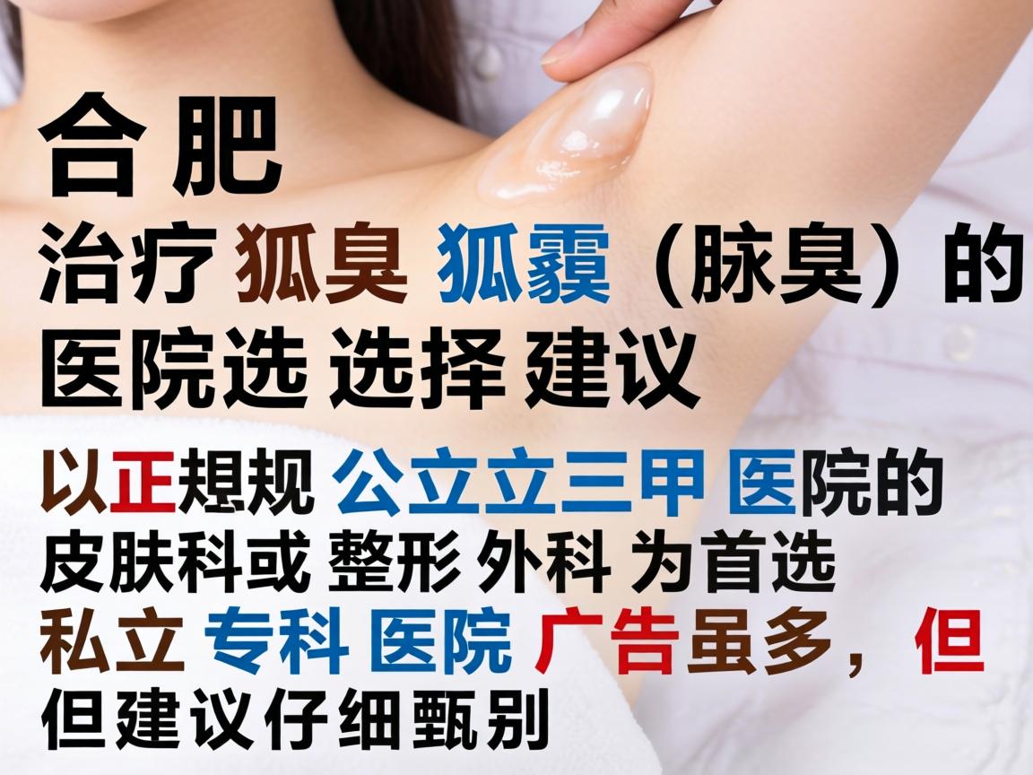 合肥治疗狐臭(腋臭)的医院选择,建议以正规公立三甲医院的皮肤科或整形外科为首选。私立专科医院广告虽多,但建议仔细甄别 合肥治疗狐臭(腋臭)的医院选择,建议以正规公立三甲医院的皮肤科或整形外科为首选。私立专科医院广告虽多,但建议仔细甄别