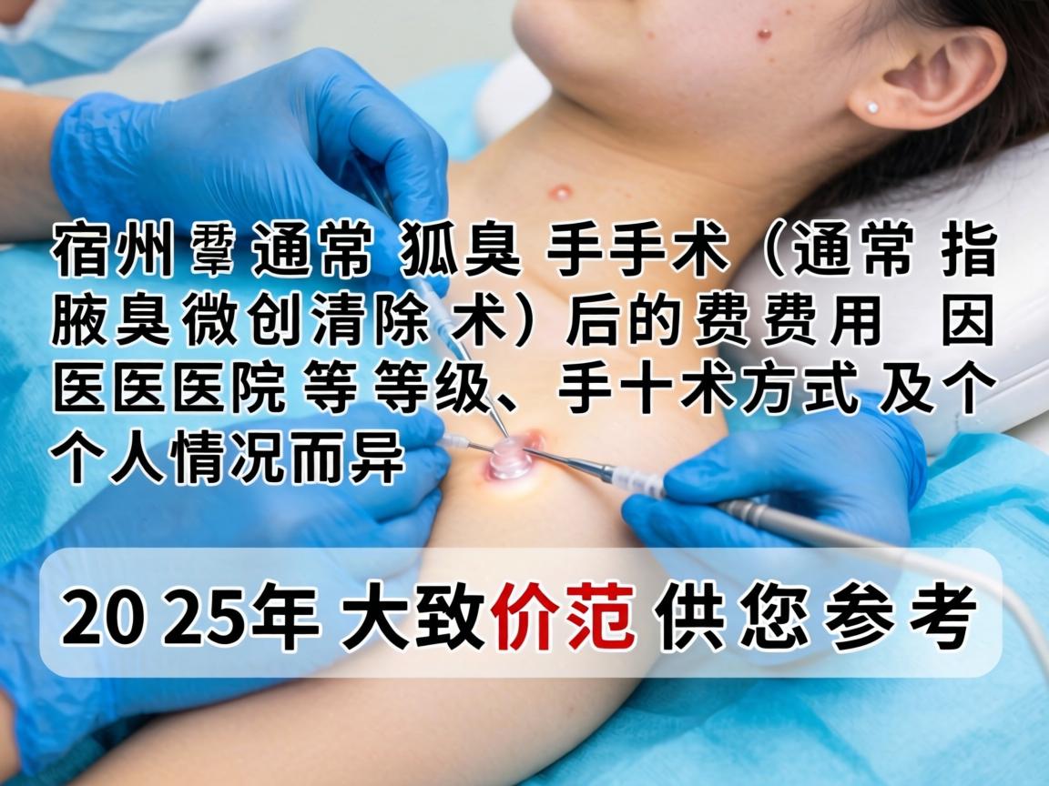 在宿州,狐臭手术(通常指腋臭微创清除术)的费用因医院等级、手术方式及个人情况而异。以下是2025年的大致价格范围供您参考 在宿州,狐臭手术(通常指腋臭微创清除术)的费用因医院等级、手术方式及个人情况而异。以下是2025年的大致价格范围供您参考