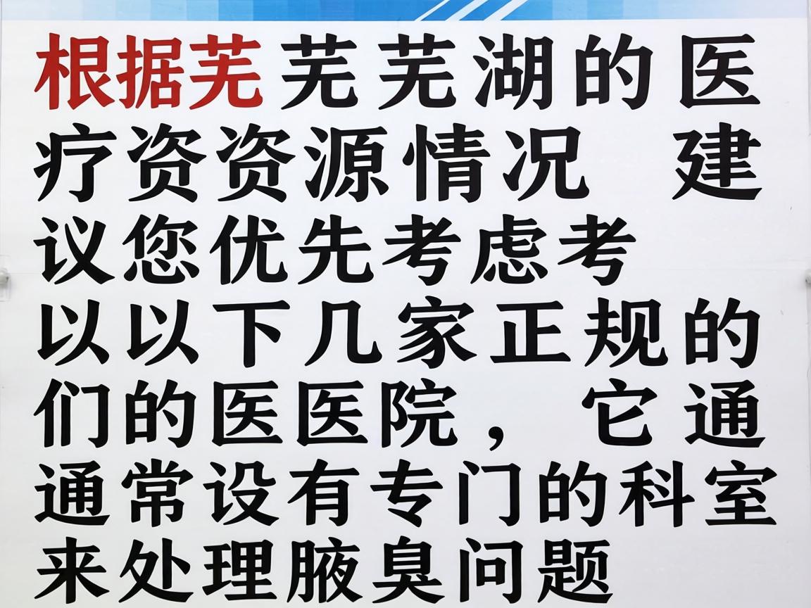 根据芜湖的医疗资源情况,建议您优先考虑以下几家正规的医院,它们通常设有专门的科室来处理腋臭问题 根据芜湖的医疗资源情况,建议您优先考虑以下几家正规的医院,它们通常设有专门的科室来处理腋臭问题