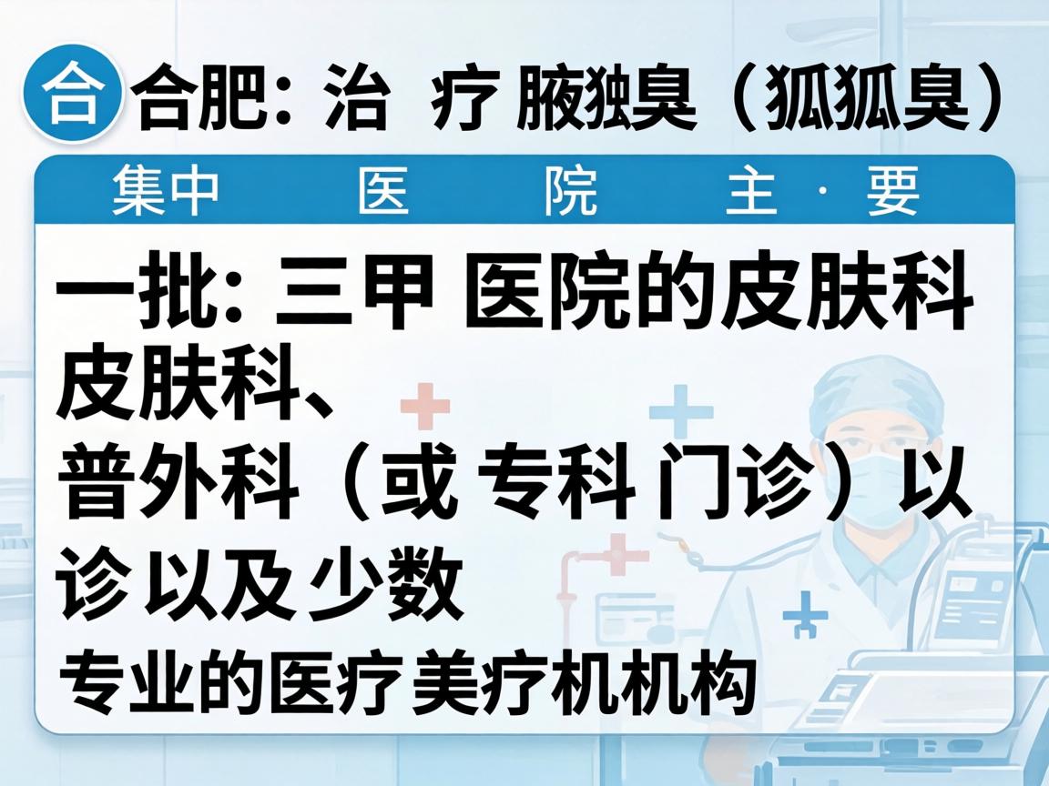 在合肥,治疗腋臭(狐臭)的医院主要集中在一批三甲医院的皮肤科、普外科(或腋臭专科门诊)以及少数专业的医疗美容机构 在合肥,治疗腋臭(狐臭)的医院主要集中在一批三甲医院的皮肤科、普外科(或腋臭专科门诊)以及少数专业的医疗美容机构