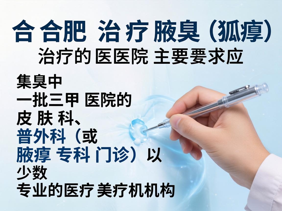 在合肥,治疗腋臭(狐臭)的医院主要集中在一批三甲医院的皮肤科、普外科(或腋臭专科门诊)以及少数专业的医疗美容机构 在合肥,治疗腋臭(狐臭)的医院主要集中在一批三甲医院的皮肤科、普外科(或腋臭专科门诊)以及少数专业的医疗美容机构