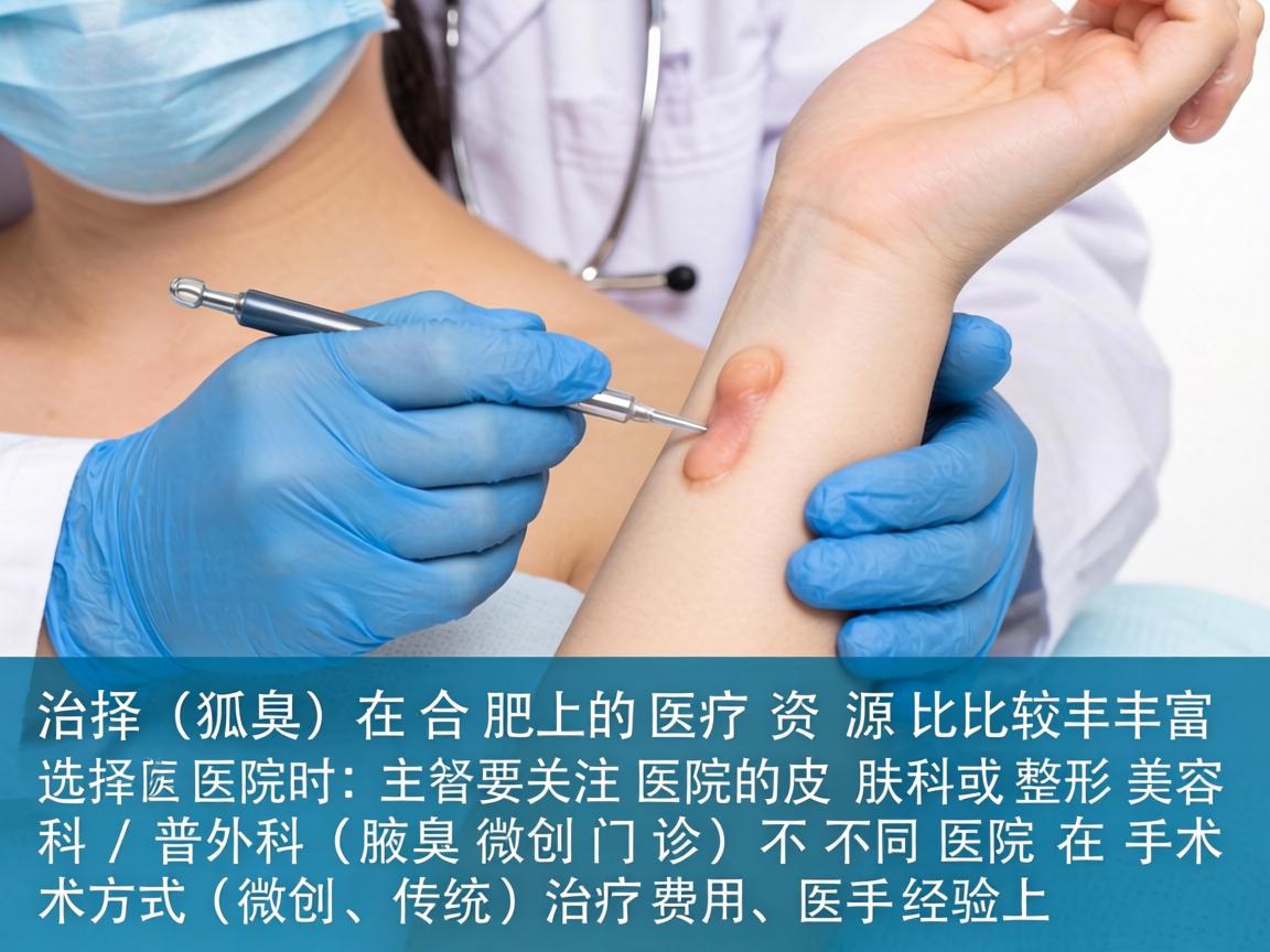 治疗腋臭(狐臭)在合肥的医疗资源比较丰富。选择医院时,主要关注医院的皮肤科或整形美容科/普外科(腋臭微创门诊)不同医院在手术方式(微创、传统)治疗费用和医生经验上有所区别 治疗腋臭(狐臭)在合肥的医疗资源比较丰富。选择医院时,主要关注医院的皮肤科或整形美容科/普外科(腋臭微创门诊)不同医院在手术方式(微创、传统)治疗费用和医生经验上有所区别